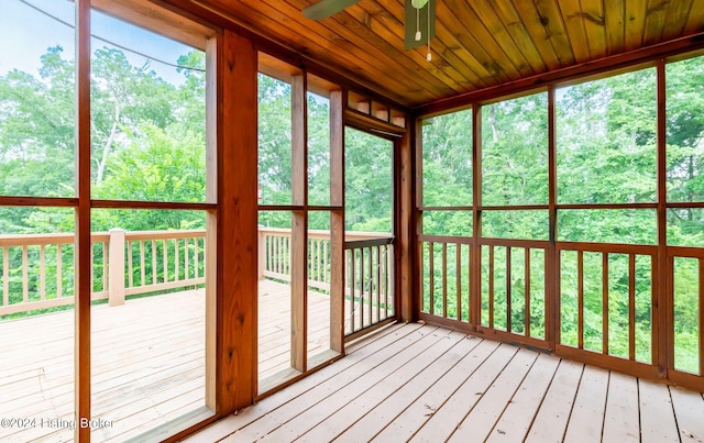 unfurnished sunroom with wood ceiling and ceiling fan