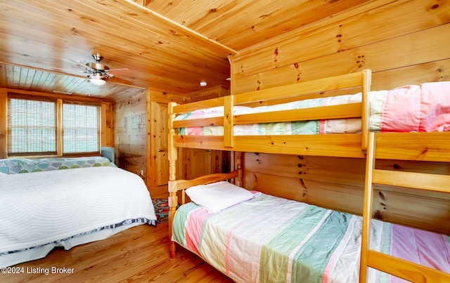 bedroom featuring wood-type flooring, wooden ceiling, ceiling fan, and wood walls