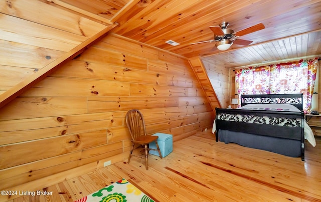 unfurnished bedroom with hardwood / wood-style floors, wood ceiling, and wood walls