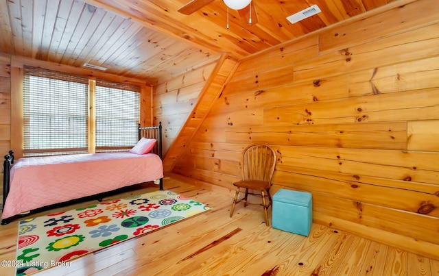 bedroom featuring hardwood / wood-style flooring, ceiling fan, wood ceiling, and wooden walls