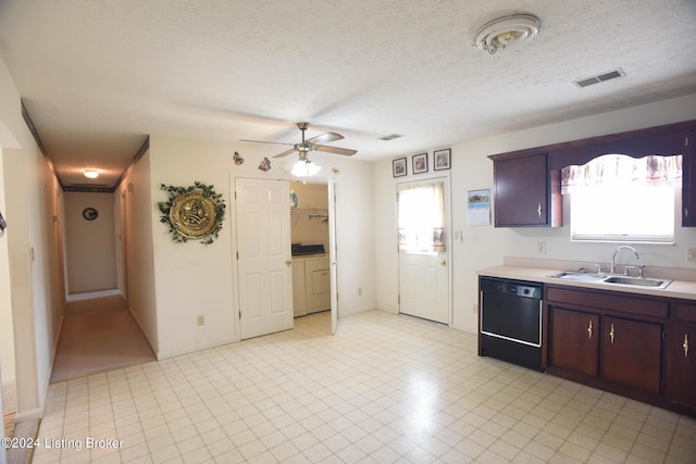 kitchen featuring a textured ceiling, sink, plenty of natural light, and black dishwasher