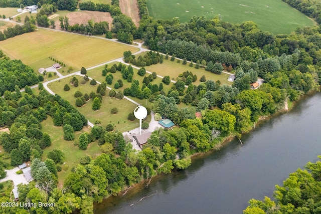 aerial view featuring a water view and a rural view