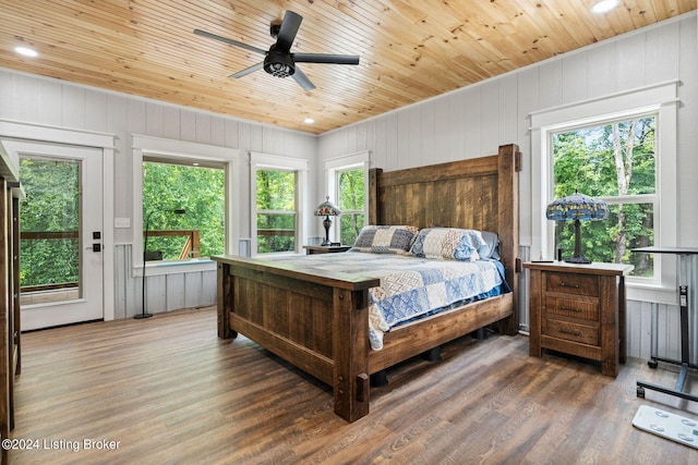 bedroom with ceiling fan, dark hardwood / wood-style flooring, multiple windows, and wooden ceiling