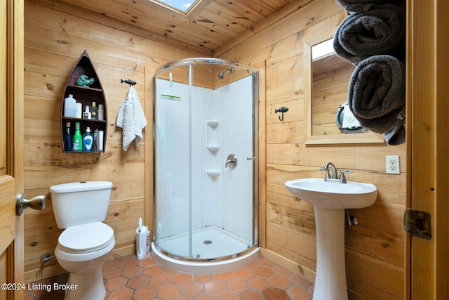 bathroom featuring an enclosed shower, tile patterned flooring, wooden ceiling, and wood walls