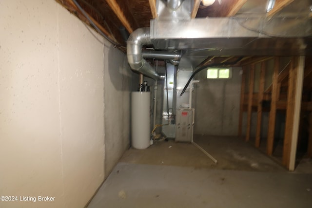 basement featuring gas water heater and heating unit