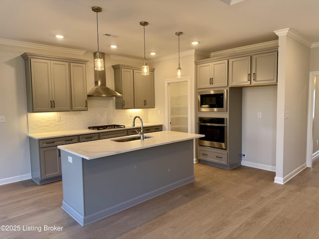 kitchen featuring stainless steel appliances, hanging light fixtures, sink, and a center island with sink