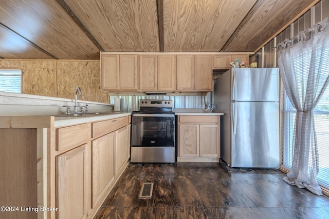 kitchen with sink, wood ceiling, appliances with stainless steel finishes, wooden walls, and plenty of natural light