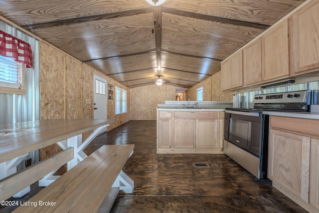 kitchen featuring lofted ceiling, wood ceiling, light brown cabinets, wooden walls, and stainless steel electric stove