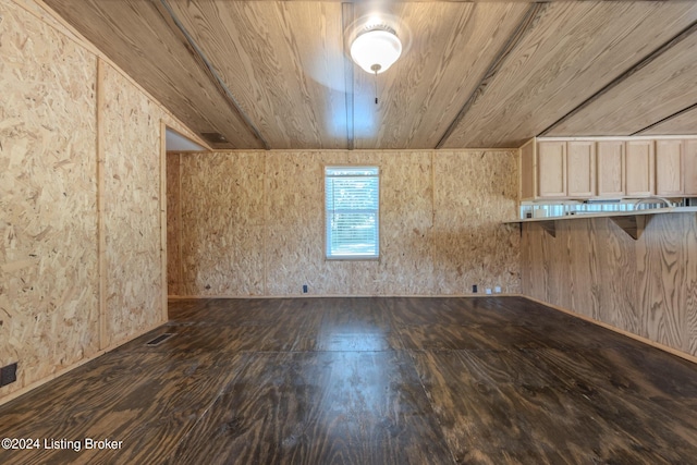 unfurnished room with dark hardwood / wood-style flooring, wood ceiling, and wood walls