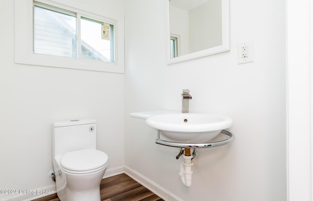 bathroom featuring toilet, sink, and hardwood / wood-style flooring