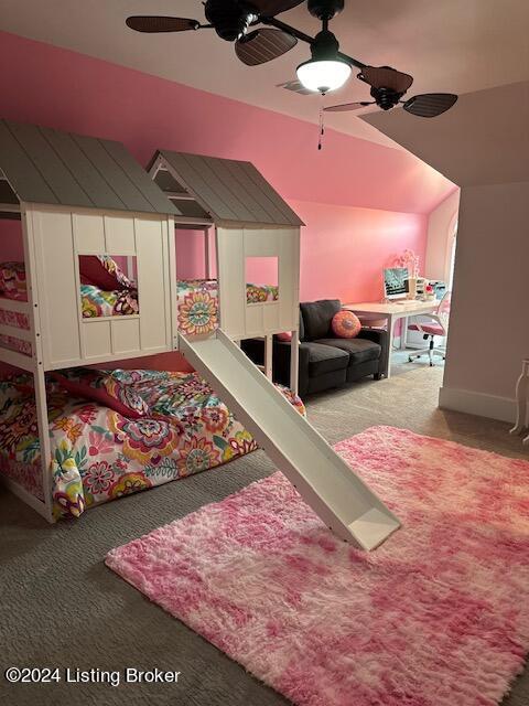 recreation room featuring ceiling fan and carpet