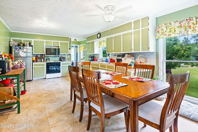 dining area with ornamental molding, ceiling fan, and a textured ceiling