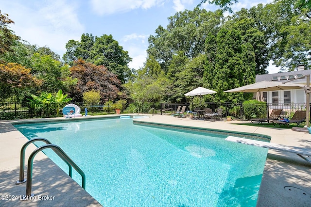 view of pool with a diving board and a patio