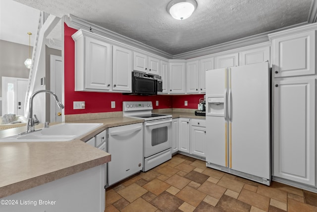 kitchen featuring white cabinetry, white appliances, sink, and a textured ceiling