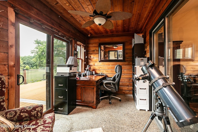 home office with ceiling fan, wood walls, and wooden ceiling