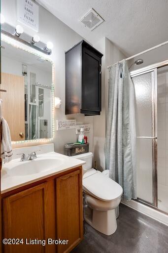 bathroom featuring vanity, toilet, a textured ceiling, and a shower