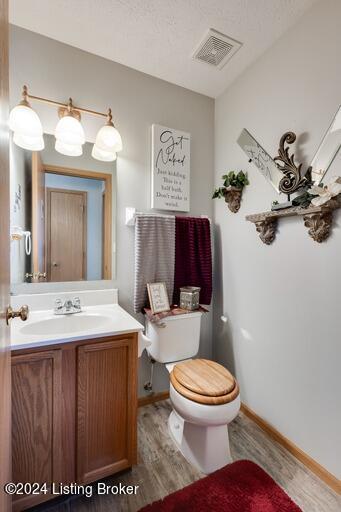 bathroom with vanity, toilet, hardwood / wood-style floors, and a textured ceiling