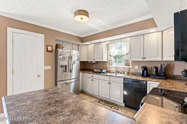 kitchen featuring a textured ceiling, white cabinets, black dishwasher, sink, and stainless steel fridge with ice dispenser