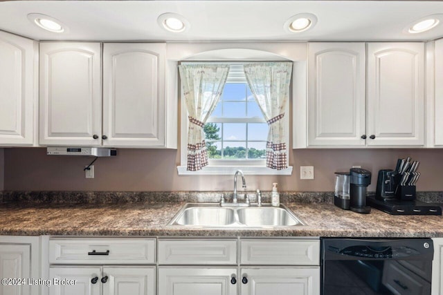 kitchen featuring white cabinets, sink, and black dishwasher