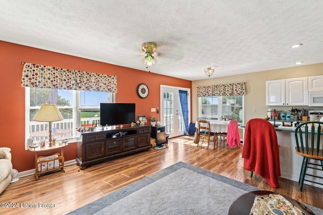 living room featuring a textured ceiling and light hardwood / wood-style flooring