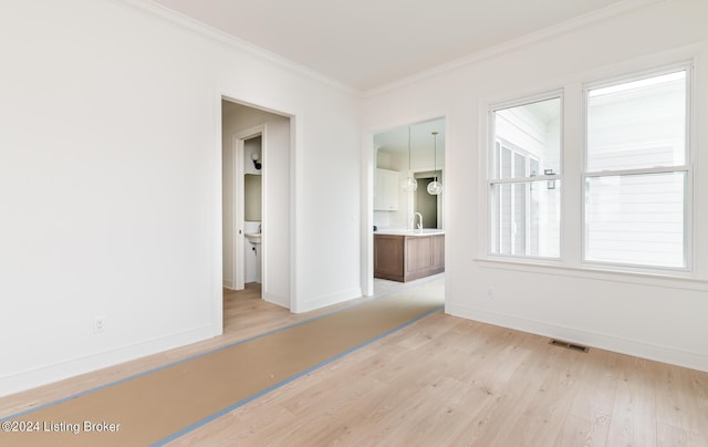 empty room featuring ornamental molding, sink, and light wood-type flooring