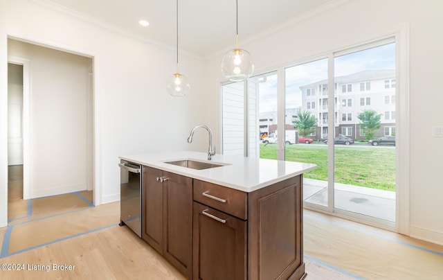 kitchen featuring sink, hanging light fixtures, ornamental molding, stainless steel dishwasher, and light wood-type flooring