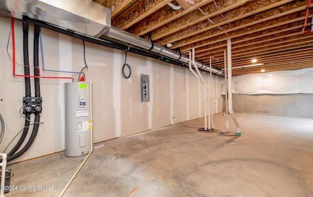 basement with water heater and electric panel