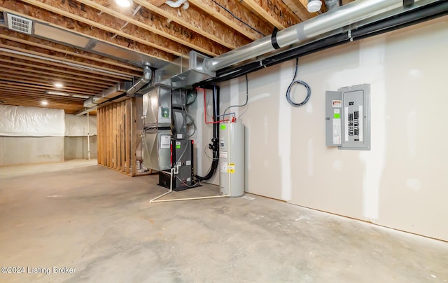 basement featuring electric panel and water heater