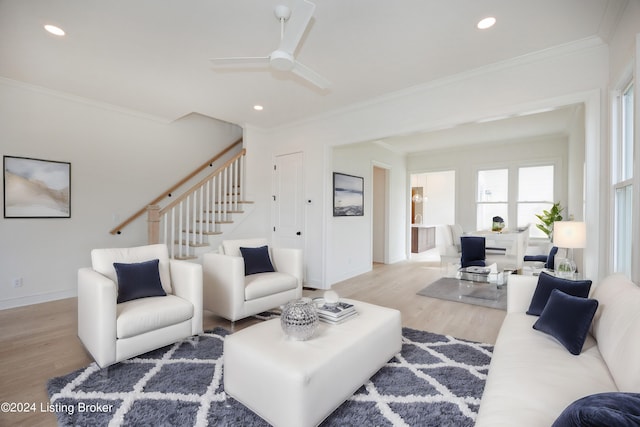 living room with crown molding, ceiling fan, and light hardwood / wood-style flooring