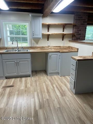 7900 Organ Creek Rd, Pendleton, KY 40055 - kitchen with gray cabinets, beam ceiling, light wood-type flooring, and butcher block countertops