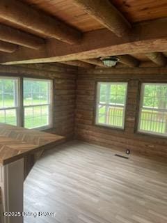 7900 Organ Creek Rd, Pendleton, KY 40055 - empty room featuring healthy amount of natural light, a wood ceiling with exposed beams, and wood finished floors