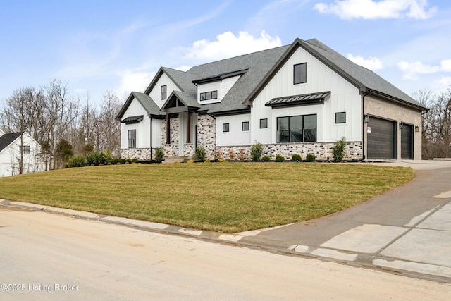 modern inspired farmhouse with driveway, a standing seam roof, a front lawn, board and batten siding, and a shingled roof