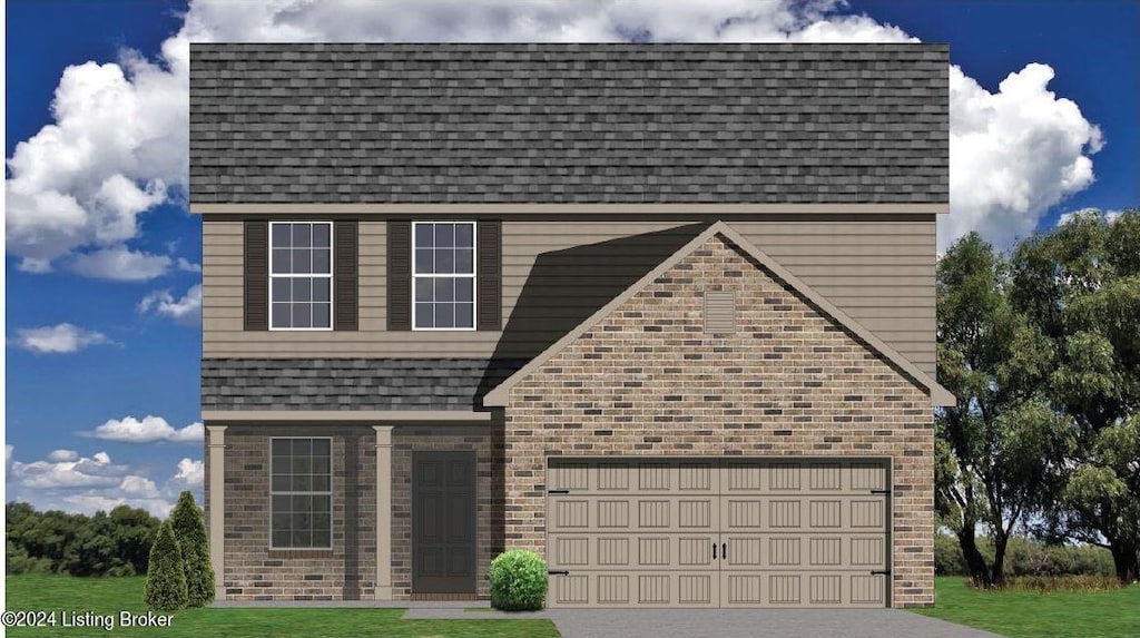 view of front facade with brick siding, driveway, a shingled roof, and an attached garage