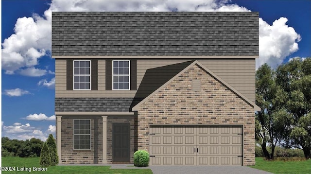 view of front facade with brick siding, driveway, a shingled roof, and an attached garage