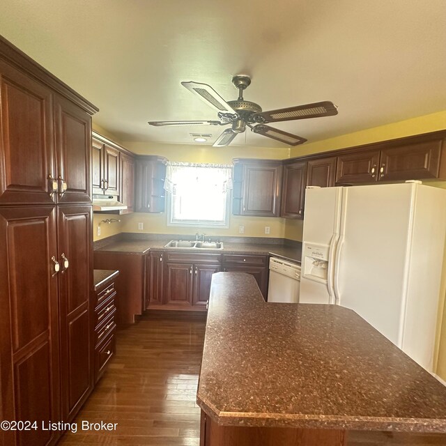 kitchen with ceiling fan, dark hardwood / wood-style flooring, sink, a center island, and white appliances