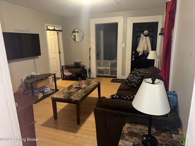 living room with hardwood / wood-style flooring and a textured ceiling