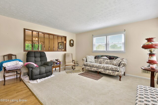 living room featuring light hardwood / wood-style floors and a textured ceiling