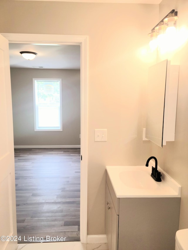 bathroom featuring vanity, toilet, and wood-type flooring