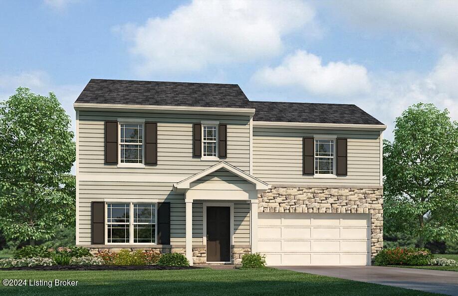 view of front of house with stone siding, concrete driveway, a garage, and a front yard