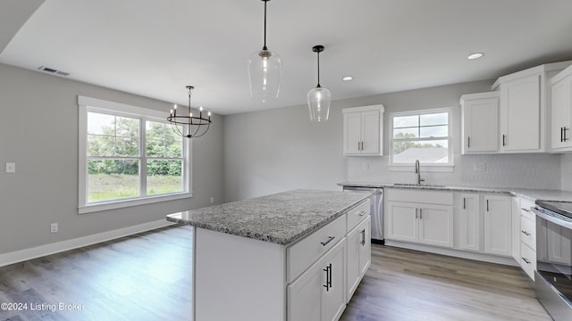 kitchen featuring pendant lighting, sink, stainless steel appliances, a center island, and white cabinets