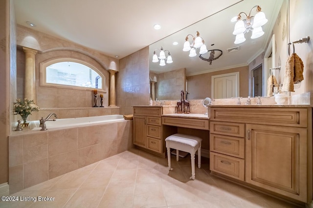 bathroom featuring double vanity, visible vents, tile patterned floors, crown molding, and a bath