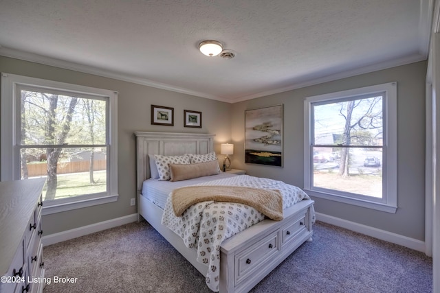 bedroom featuring ornamental molding, light carpet, and multiple windows