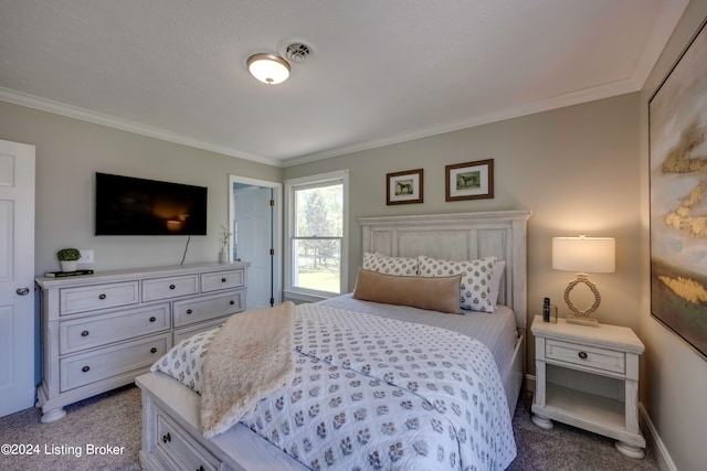 carpeted bedroom featuring ornamental molding