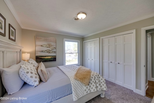 carpeted bedroom with two closets, a textured ceiling, and ornamental molding