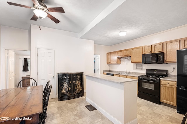 kitchen with light countertops, visible vents, a ceiling fan, a sink, and black appliances