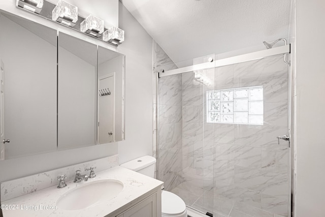 bathroom with toilet, a marble finish shower, a textured ceiling, and vanity