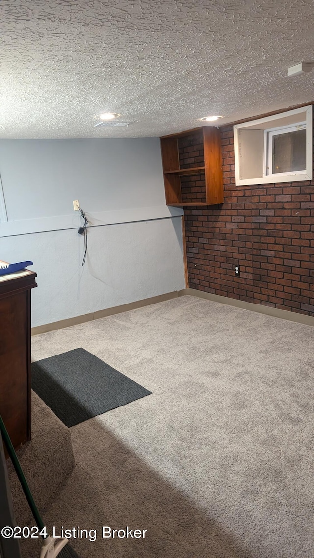 basement with carpet floors and a textured ceiling