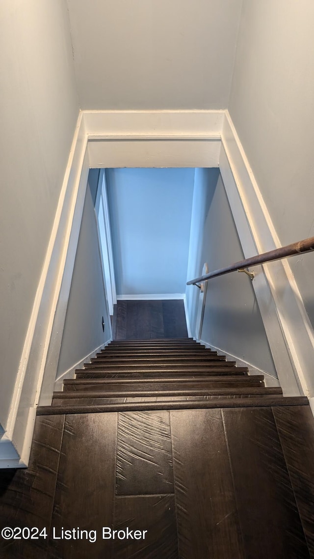 staircase featuring dark hardwood / wood-style floors