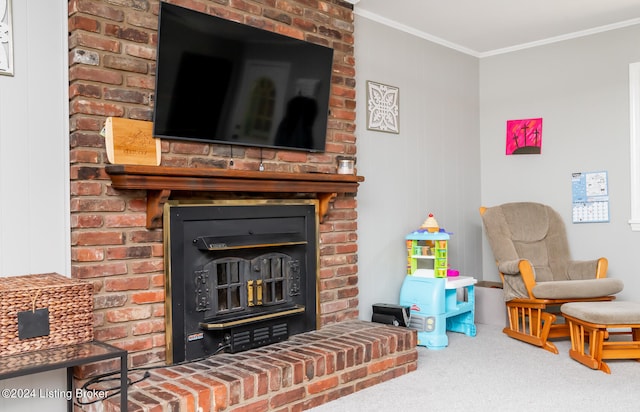 carpeted living room with a fireplace, ornamental molding, and brick wall