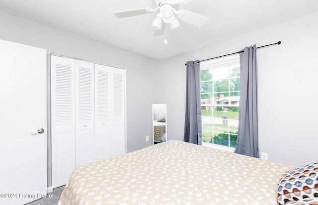 carpeted bedroom featuring ceiling fan and a closet